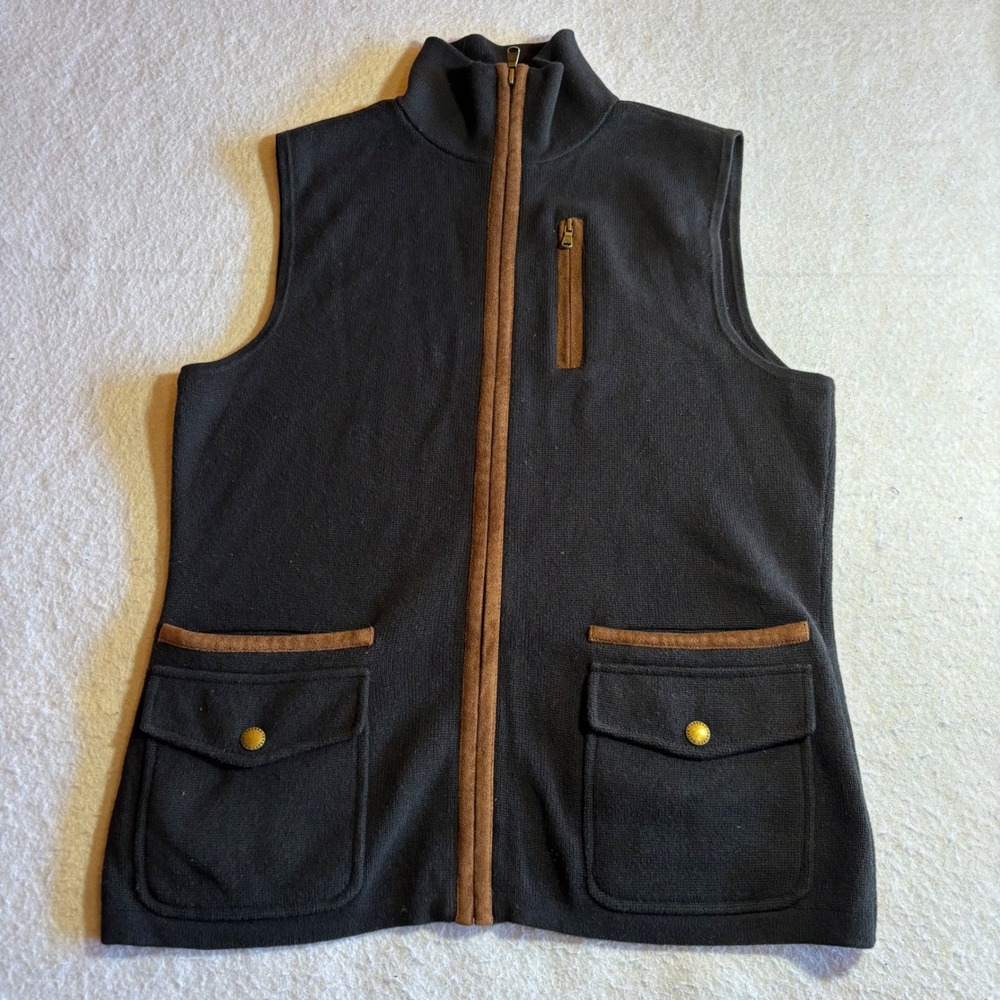 Lauren Ralph Lauren Womens Black Knit Zip Up Vest‎ M With Brown Trim & Pockets